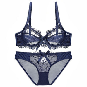 Open image in slideshow, Sexy Embroidery Transparent Bras Set Women Plus Size Lingerie Set Ultra thin C D Cup Underwear Bow Brassiere panties Bra Set
