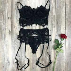 Open image in slideshow, Women Sexy Lingerie Lace Babydoll Open Bra Set G-String Underwear Nightwear Bra &amp; Brief Sets

